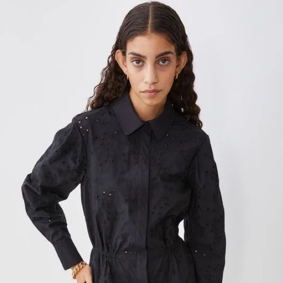 H&M Cotton Embroidered Floral‎ Eyelet Long Sleeve Button Up Collared Jumpsuit S - Picture 5 of 7